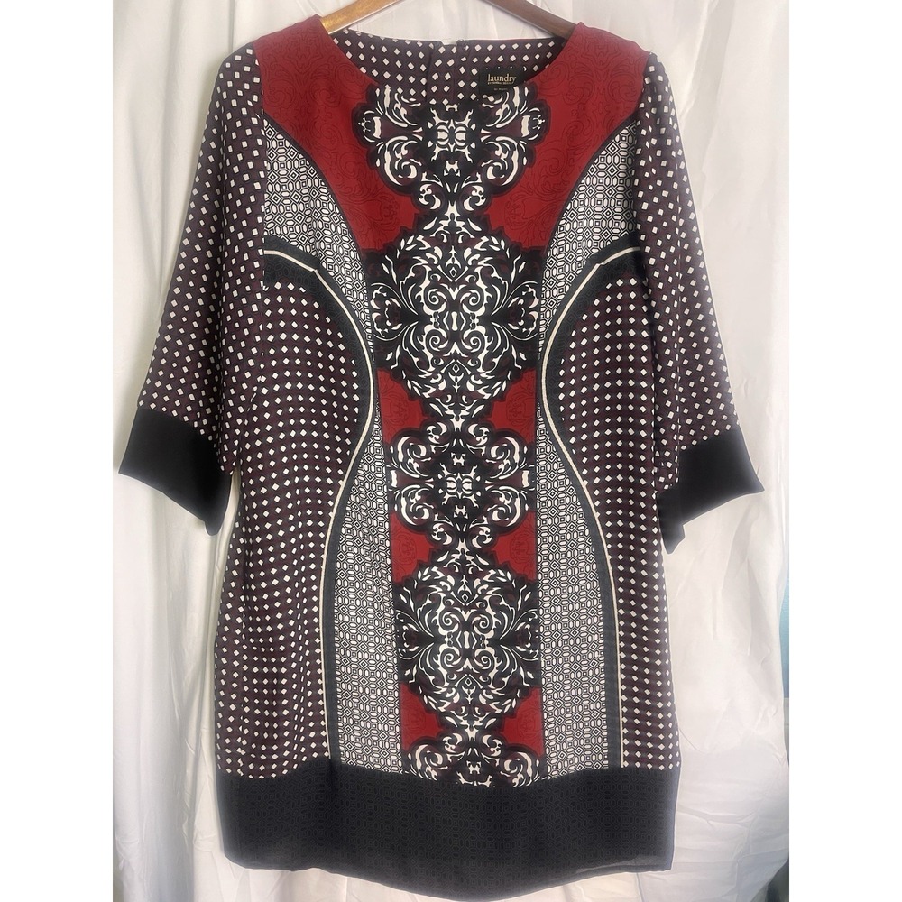 Laundry by Shelli Segal womens black red Mod print 3/4 sleeve dress size 12